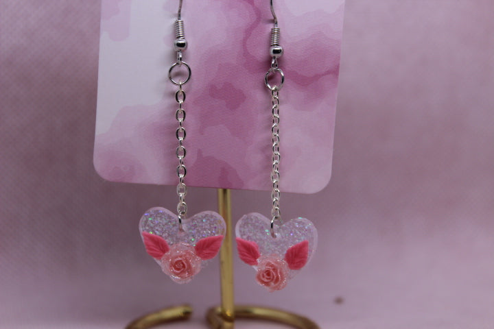 Clear Glitter Heart with Pink Rose
