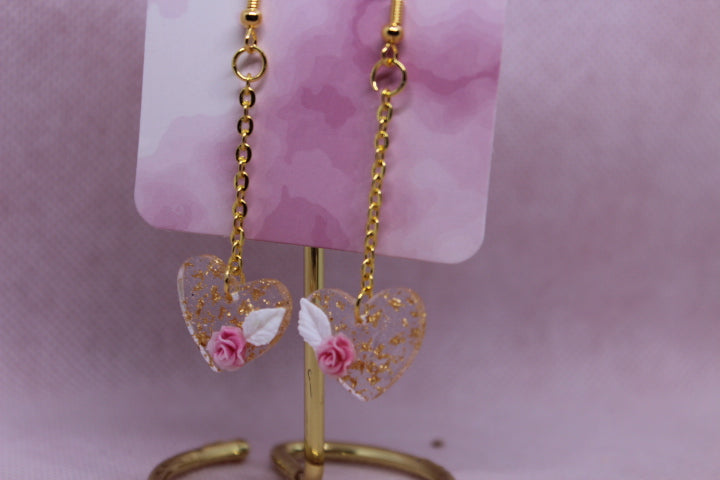 Gold Flake Heart with Little Pink Rose