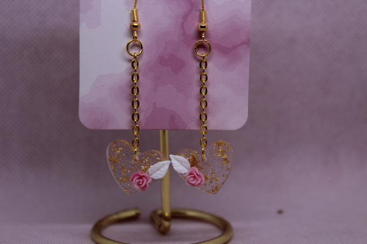 Gold Flake Heart with Pink Rose