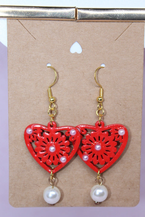 Red wood Heart with Pearls