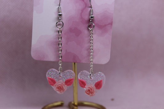 Clear Glitter Heart with Pink Rose
