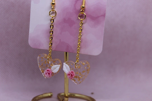 Gold Flake Heart with Little Pink Rose