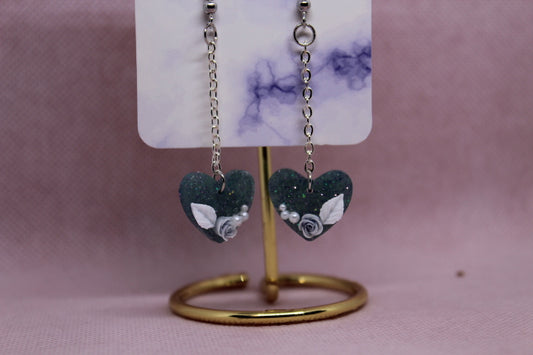 Teal and Black Glitter Heart with a Rose and Pearls