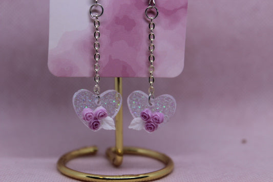 Clear Glitter Heart with Purple Flowers